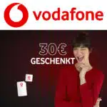 30€ Bonus; SIM-Karten von Vodafone; Frau freut sich