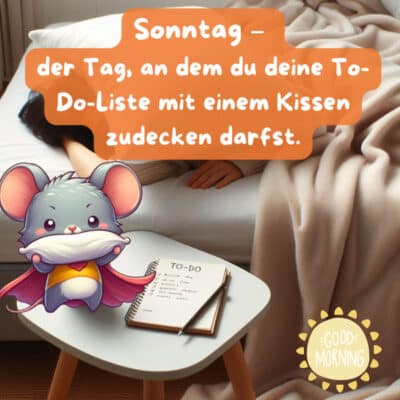 Maus mit Kissen in der Hand; entspannte Schlafzimmer-Szene