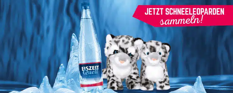 Schneeleoparden aus Plüsch; Wasserflasche Eiszeitquell