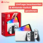 Nintendo Switch in Weiß; Umfrage beantworten; HeyPiggy-Logo