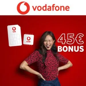 Frau freut sich; 45€ Bonus; Vodafone-SIM-Karten